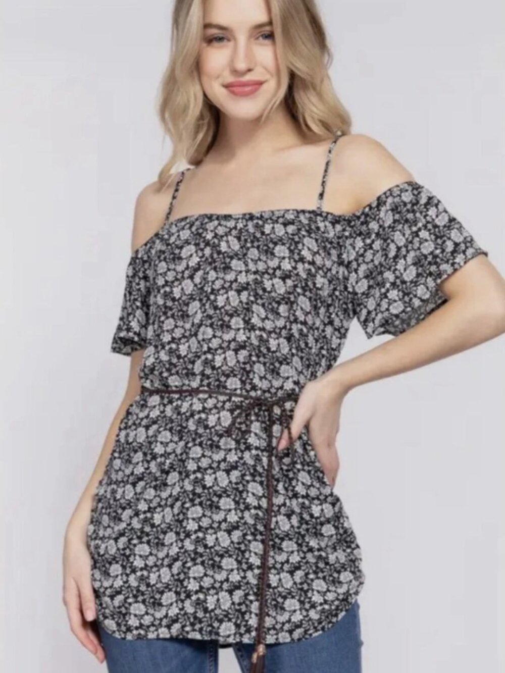 Active Black White Floral Cold Shoulder Belted Summer Lightweight Boho Tunic